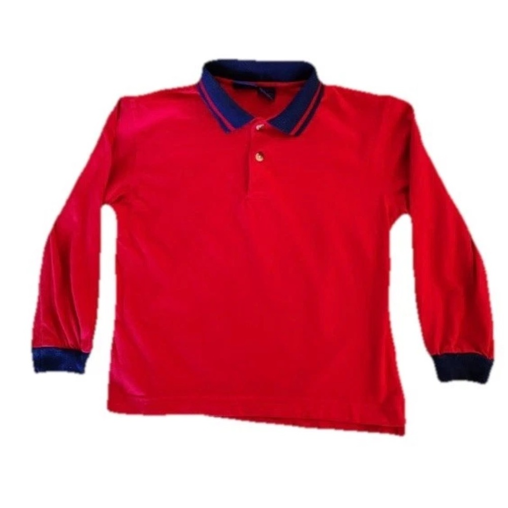 90s 1/4 Button Polo Boys 7 Cotton Red Blue Casual 90s Retro